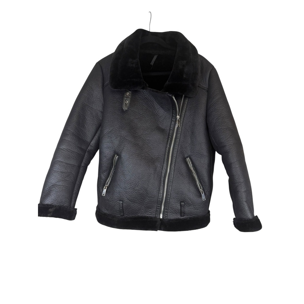 Zara Black Faux Leather Shearling Aviator Biker Jacket Coat Women